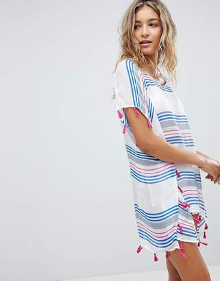 Surf.Gypsy Beach Striped Printed Tassel Cover-Up