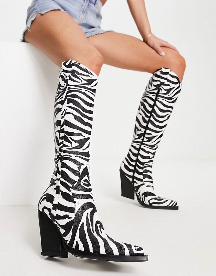 ASOS DESIGN Catapult heeled western knee boots in zebra - ShopStyle