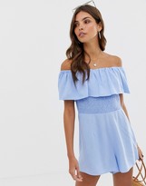 Thumbnail for your product : ASOS DESIGN off shoulder ruffle romper with shirring