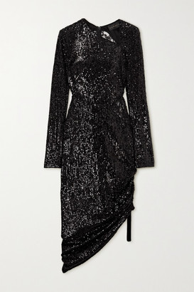 Dundas Asymmetric Lace-paneled Sequined Jersey Dress - Black