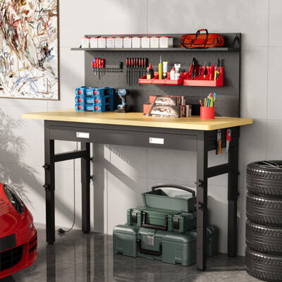60" Adjustable Workbench With Drawers, Work Benches For Garage With Pegboard, 2000 Lbs Heavy Duty Rubber Wood Tabletop With Power Outlet, Rolling Work