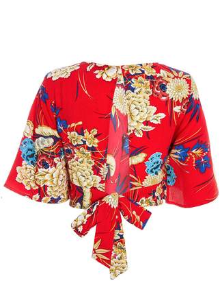 Quiz Red Floral Print Flute Sleeve Top