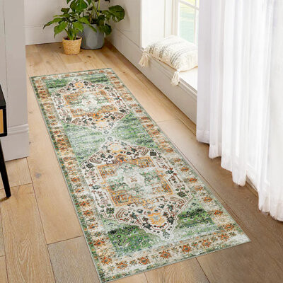 Bungalow Rose Machine Washable Rug Oriental Area Rugs for Living Room Ultra Soft Non-Slip Rug for Bedroom Foldable Rug for Playroom Office Kitchen