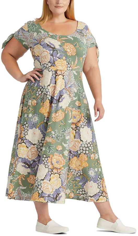 Chaps Plus Size Floral Knot-Sleeve Midi Dress - ShopStyle