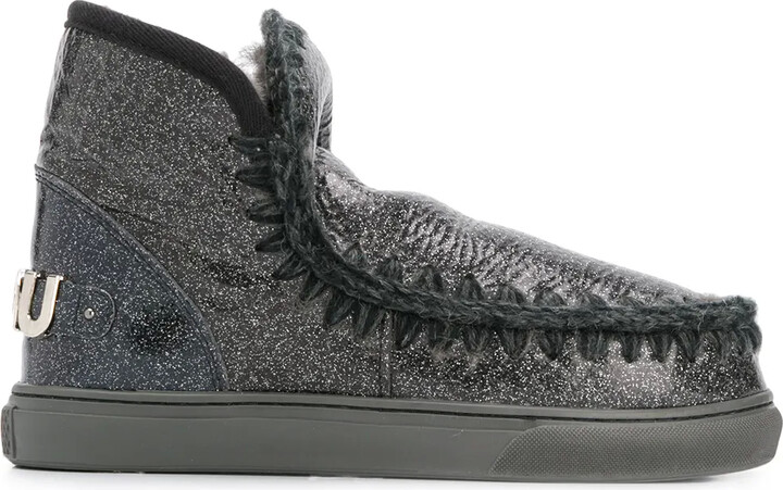 Mou Crochet Stitch-Trim Glitter Sneaker Boots