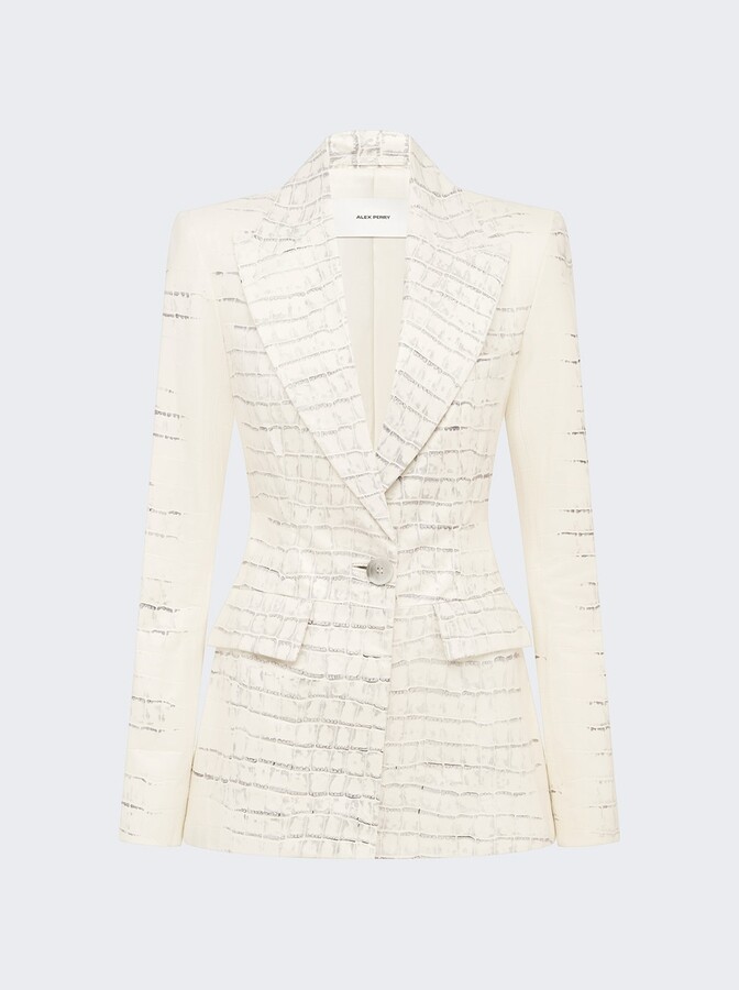 Alex Perry Printed Croc Embossed Leather Single Breasted Blazer White