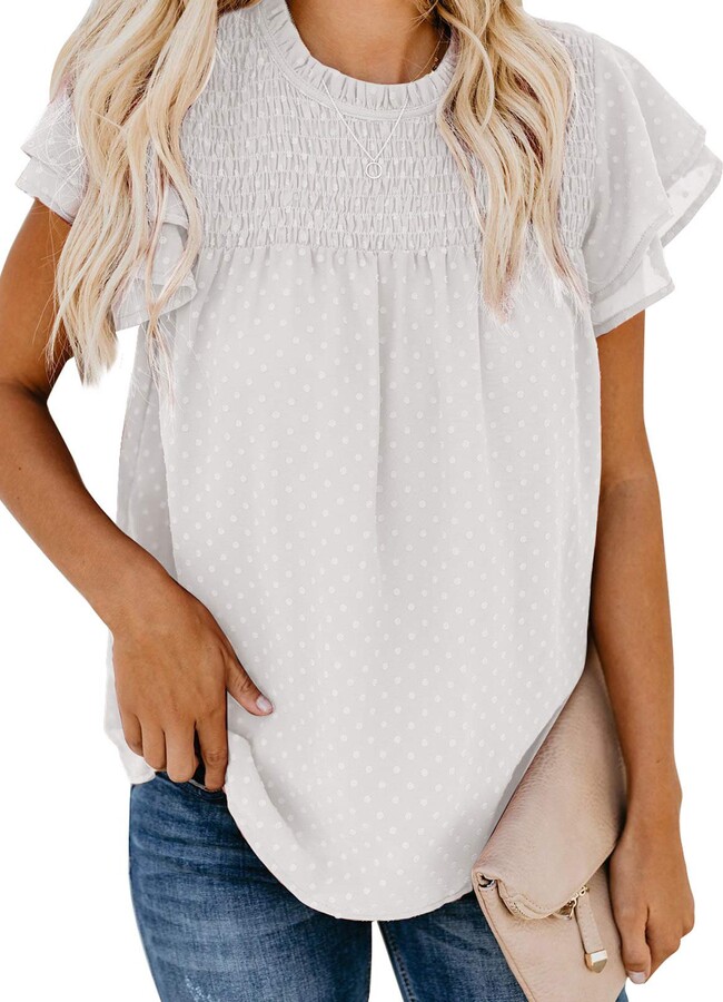 HOTAPEI Womens Summer Puff Sleeve Chiffon Shirts Pom Pom Swiss Dot Tops Off Shoulder Blouse Tops 