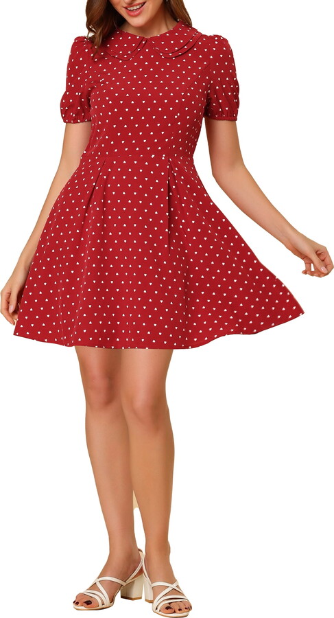 Unique Bargains Women’s Heart Print Puff Sleeve Peter Pan Collar A Line Mini Dress XS Wine Red
