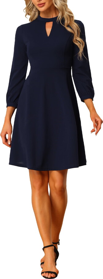 Unique Bargains Women’s A-line Knit Keyhole Mock Neck Long Sleeve Midi Dress Navy Blue S