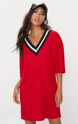PrettyLittleThing Red V Neck Sports Trim T Shirt Dress