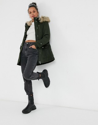 New Look parka with faux fur hood in khaki