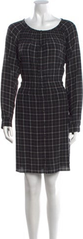 Rebecca Taylor Silk Sheath Dress Black Plaid Print Ruffle Embellishment Long Sleeve with Scoop Neck Button Closure at Front Designer
