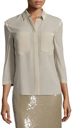 Nina Ricci 3/4-Sleeve Button-Front Blouse, Sage Beige
