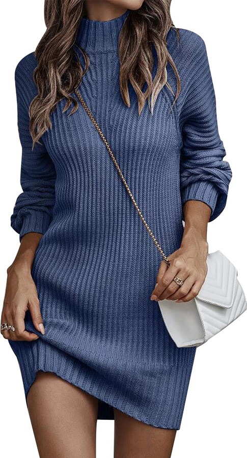 Cocoarm Women Knit Dress High Collar Lantern Long Sleeve Sweater