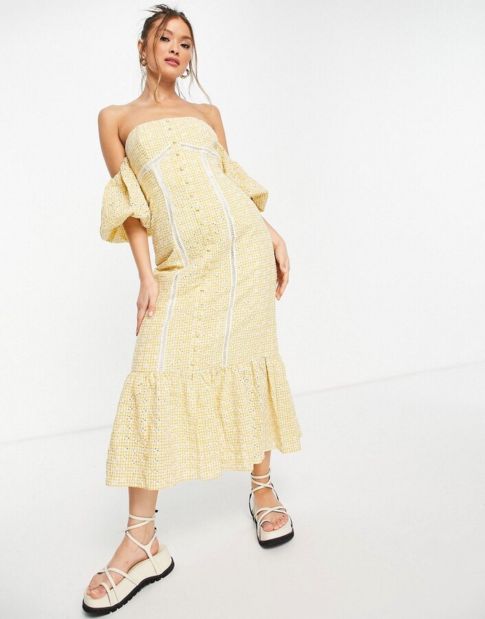 ASOS DESIGN off shoulder button through midi dress in yellow