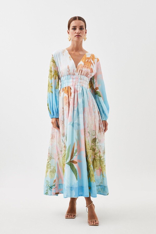 Karen Millen Petite Ombre Botanical Siulk Cotton Plunge Maxi Dress