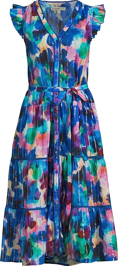 Change of Scenery Women's Emily Floral Cotton Tie-Waist Shirtdress - Giverny Gardens Metallic - Size XS