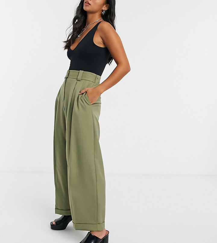 Topshop Petite elastic back wide-leg pants in khaki - ShopStyle