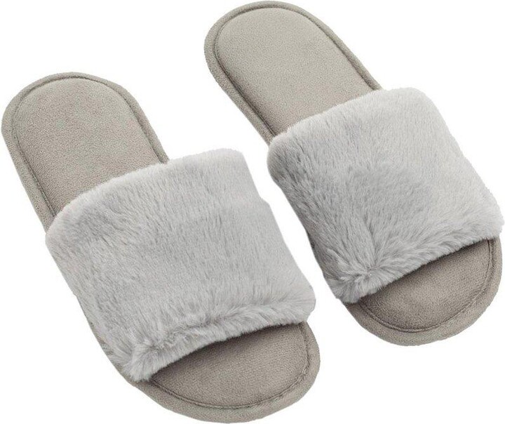 OHS Faux Fur Suede Slip On Open Toe Slider Slippers ShopStyle