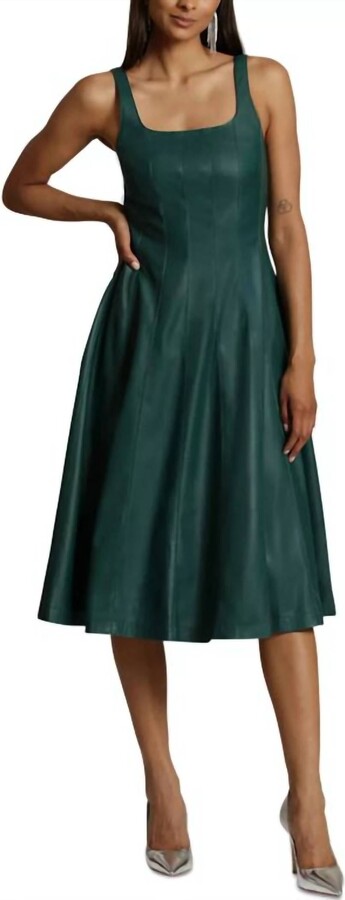 Faux Leather Square Neck Sleeveless Midi Dress In Green