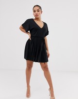 Thumbnail for your product : ASOS DESIGN Petite v neck mini dress with pleated skirt and self belt
