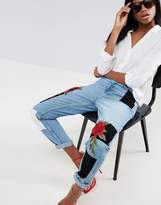 Thumbnail for your product : ASOS Original Mom High Waist Slim Mom Jeans With 3d Embroidery And Velvet Detail In Lucinda Light Wash Blue
