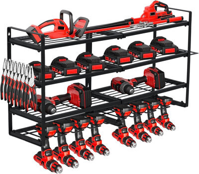 Power Tool Organizer Wall Mount with Charging Station, Heavy Duty 3-Layer Garage Rack with 8 Outlets, 4 Drill Storage Shelf with Hooks, Drill Bit Shel