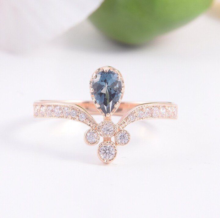 Etsy 14K Solid Rose Gold Antique Style Victorian Blue Topaz Engagement Ring Unique Art Deco Promise Ring For Her Womens