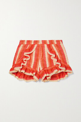 PatBO Ruffled Striped Crocheted Shorts - Orange