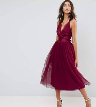 ASOS Tall TALL PREMIUM Lace Top Tulle Midi Prom Dress with Ribbon Ties