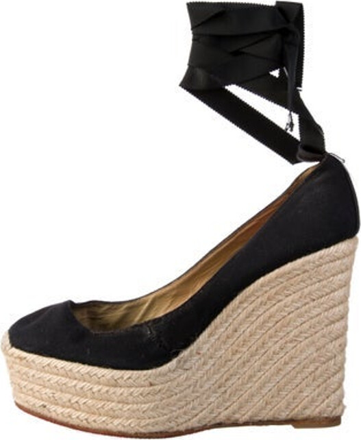 Christian Louboutin Canvas Pumps Black Colorblock Pattern Jute Trim Round-Toes Platform Wrap-Around Straps & Tie Closures Designer