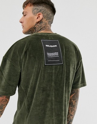 Religion velour oversized drop shoulder t-shirt in khaki