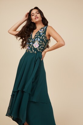 Little Mistress Sycamore Pacific Embellished Frill Wrap Maxi Dress