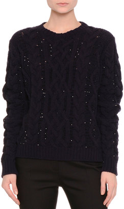 Valentino Sequined Cable-Knit Sweater, Navy/Black