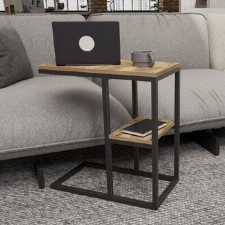 Farini End Table C Shaped Snack Sofa Table with Wheels Oak Gray Tabletop/Black Frame Mobile Side Table with Laminate Wood Tabletop and Metal Base