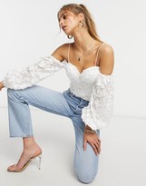 Thumbnail for your product : Forever U cold shoulder top with puffed sleeve and cup detail in textured white