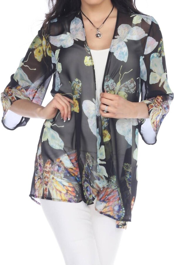 ARIAS Sheer Butterfly Print Kimono Cardigan In Black