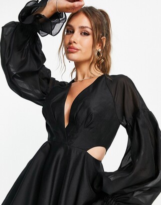 ASOS DESIGN pleated mini dress with blouson sleeves and cuff detail in black