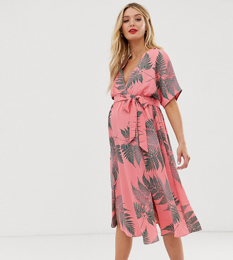 Glamorous Bloom midi tea dress with tie waist in palm print