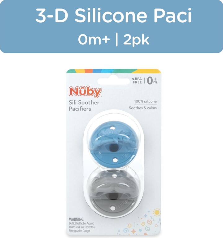 Nuby 3-D Sili Soother Baby Pacifier, Rocket and Mustache, 2 Pack