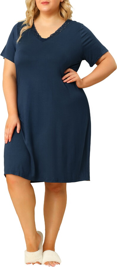 Unique Bargains Women’s Plus Size Nightgown V Neck Pajama Sleepwear Dress