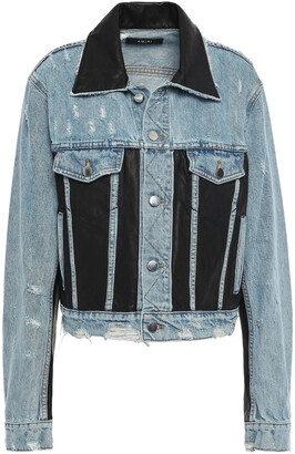 Amiri Leather-paneled Distressed Denim Jacket