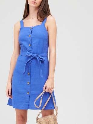 Very Linen Button Through Pinafore Mini Dress - Blue