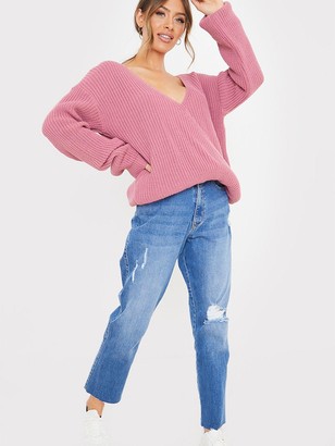 In The Style X Jac Jossa Drop Shoulder Wrap Soft Knit Top Pink