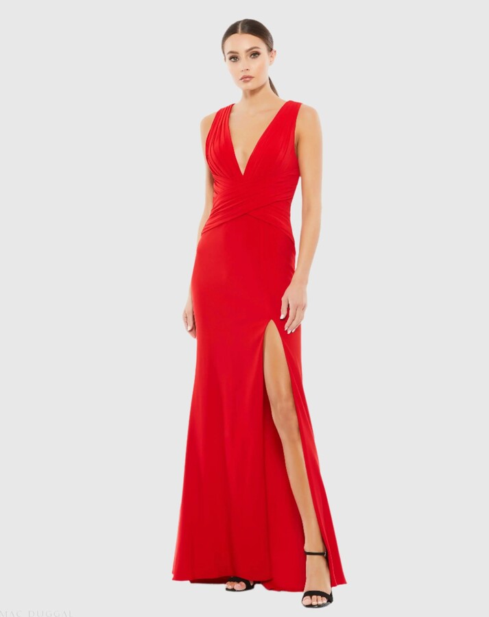 Leena for Mac Duggal - Red Pleated Bodice Jersey Column Gown - US 0