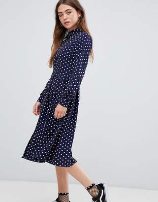 Glamorous midi shirt dress with pleated skirt in polka dot print