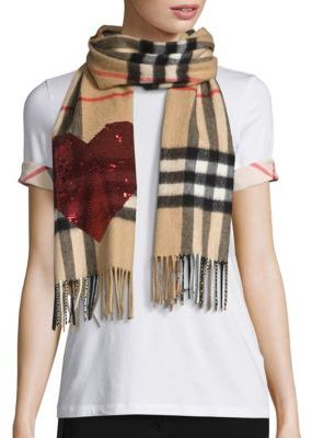 Burberry Sequin Heart Giant Check Cashmere Scarf