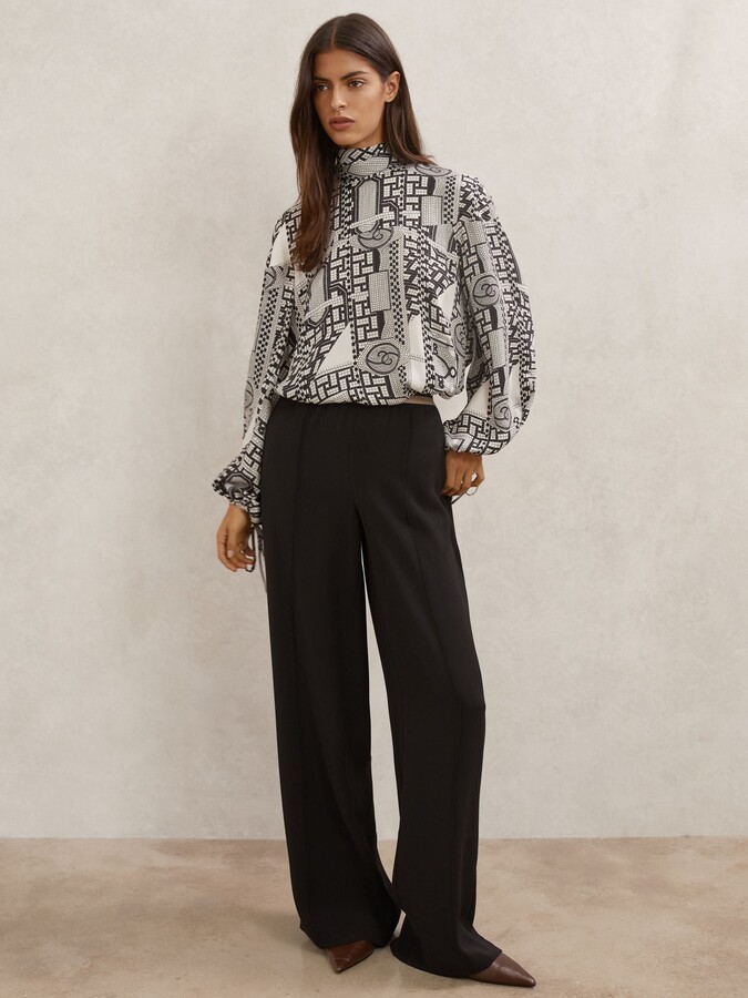 Reiss Ivory/black Tile-print Balloon-sleeve Blouse