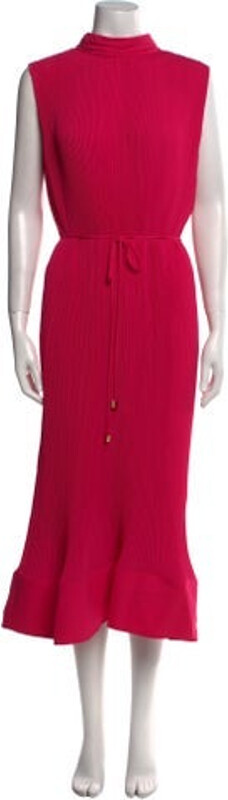 Milly Dress Pink Pleated, Keyhole & Bow Accents Sleeveless with Turtleneck Sash-Tie Closure at Back Designer