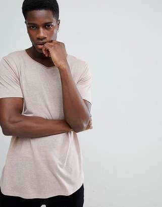 ASOS Design DESIGN relaxed longline t-shirt with raw scoop neck and curve hem in linen mix in dusky pink